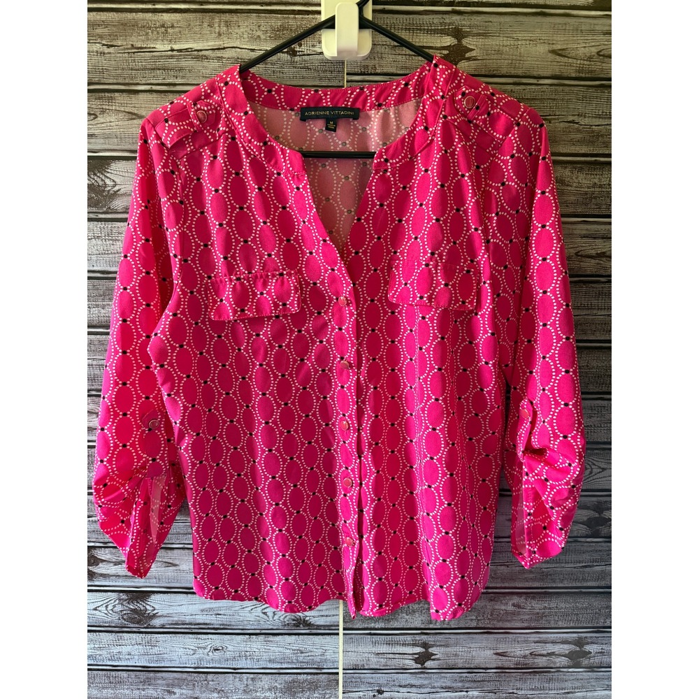 Adrienne Vittadini Women's Button-Down Blouse Size M Pink Geometric Tab-Sleeves